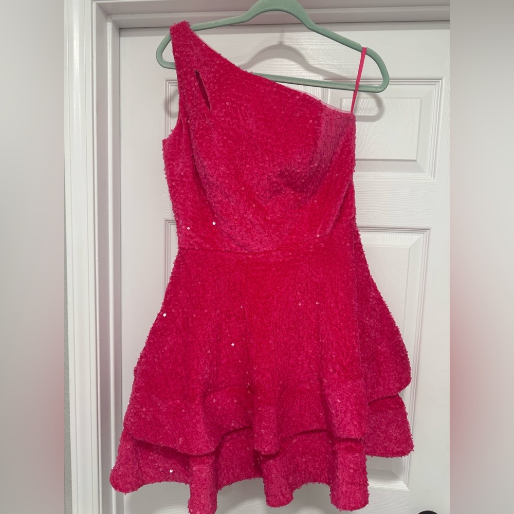 Stacees One-Shoulder Pink Sequin Homecoming Dress
